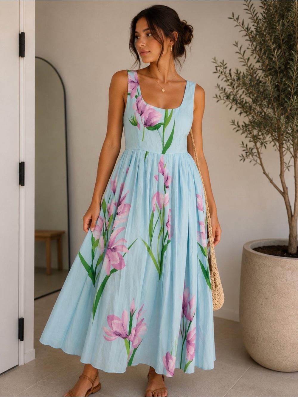 Light Blue Floral Maxi Dress with Pink Tulips